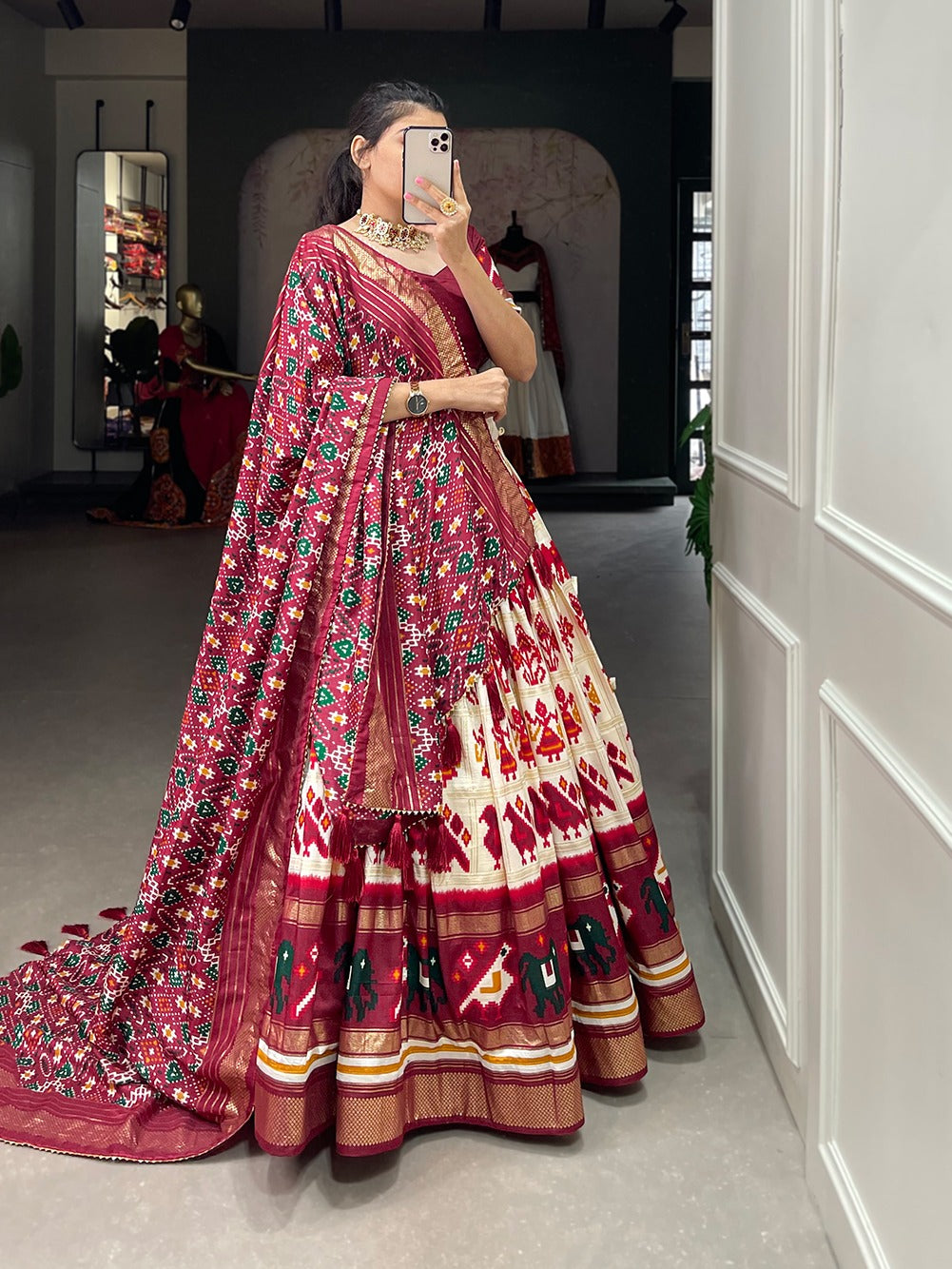 Lorenvalley White Tussar Silk Patola Print With Foil Work Lehenga Choli - Distacart