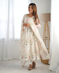Thumbnail for Lorenvalley White Soft Organza Silk With Floral Print Fully Flared Anarkali Pant With Dupatta Set