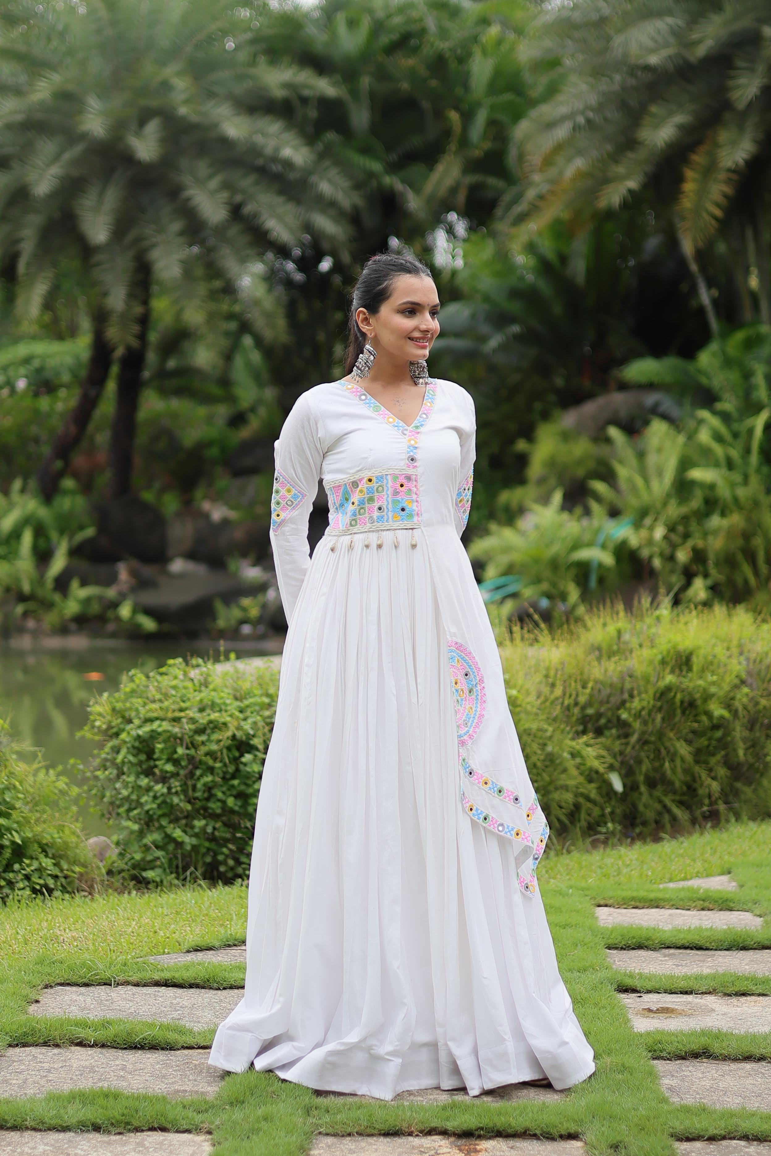 Lorenvalley White Rayon Fabric With Kutchi Gamthi Lace Gown - Distacart