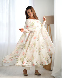 Thumbnail for Lorenvalley White Soft Organza Silk With Floral Print Fully Flared Anarkali Pant With Dupatta Set