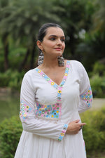 Thumbnail for Lorenvalley White Rayon Fabric With Kutchi Gamthi Lace Gown - Distacart