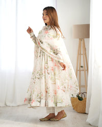 Thumbnail for Lorenvalley White Soft Organza Silk With Floral Print Fully Flared Anarkali Pant With Dupatta Set