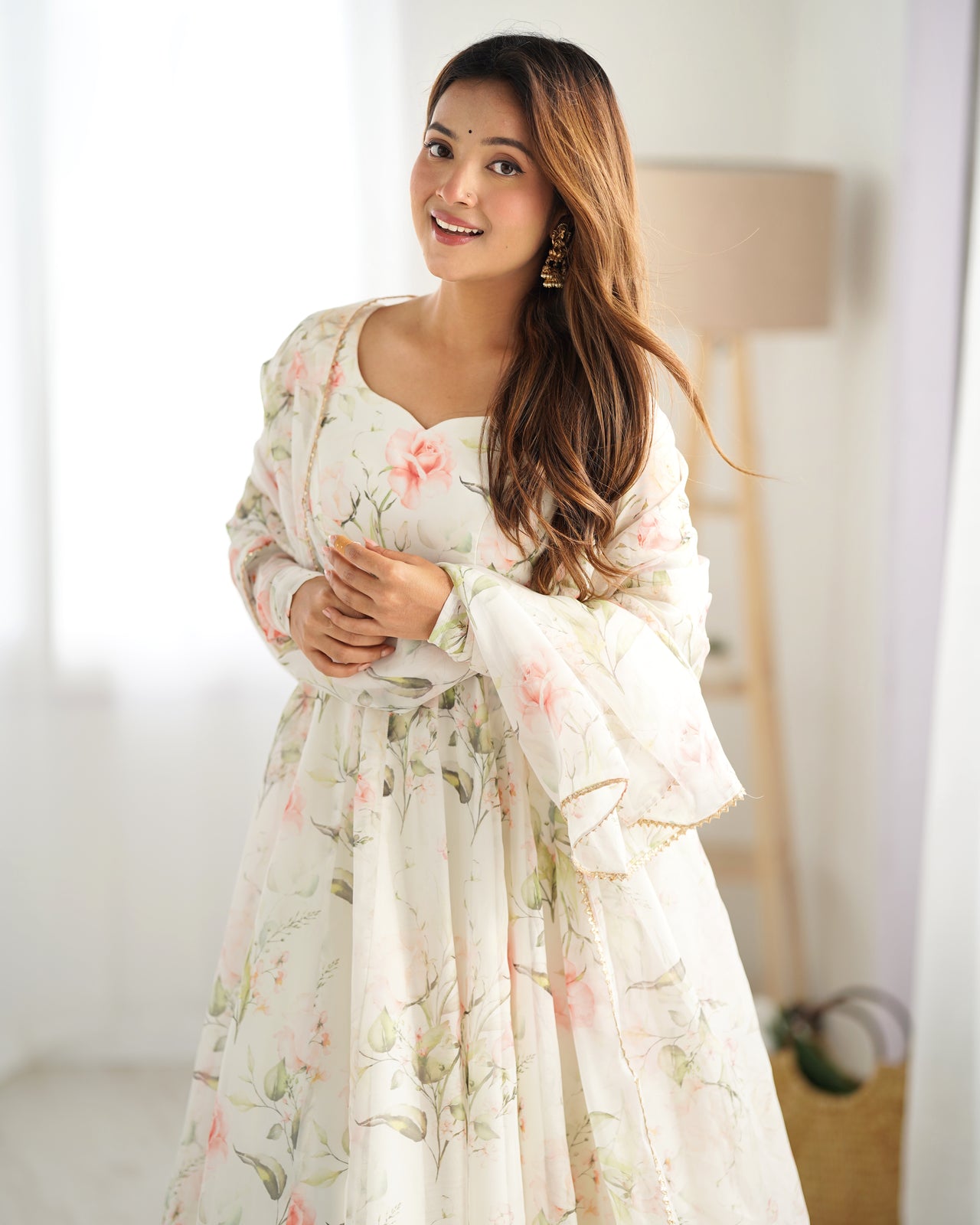 Lorenvalley White Soft Organza Silk With Floral Print Fully Flared Anarkali Pant With Dupatta Set