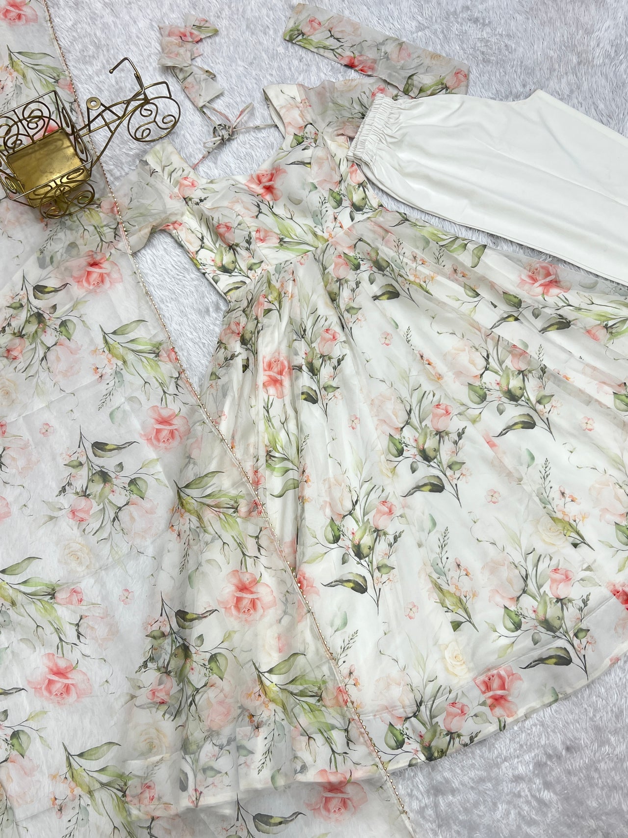 Lorenvalley White Soft Organza Silk With Floral Print Fully Flared Anarkali Pant With Dupatta Set