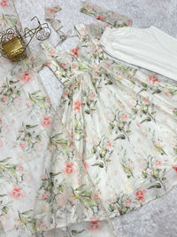 Thumbnail for Lorenvalley White Soft Organza Silk With Floral Print Fully Flared Anarkali Pant With Dupatta Set