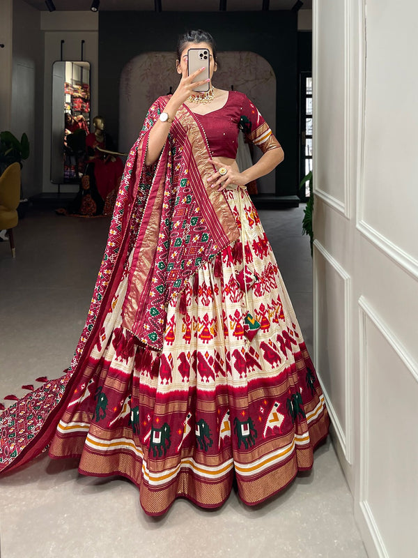 Lorenvalley White Tussar Silk Patola Print With Foil Work Lehenga Choli - Distacart