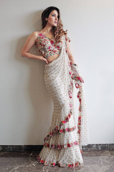 Evanik White Embroidered Work Ruffled Saree With Unstitched Blouse
