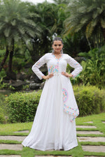 Thumbnail for Lorenvalley White Rayon Fabric With Kutchi Gamthi Lace Gown - Distacart