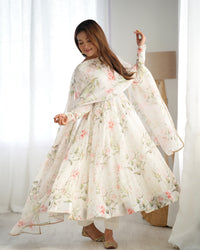 Thumbnail for Lorenvalley White Soft Organza Silk With Floral Print Fully Flared Anarkali Pant With Dupatta Set