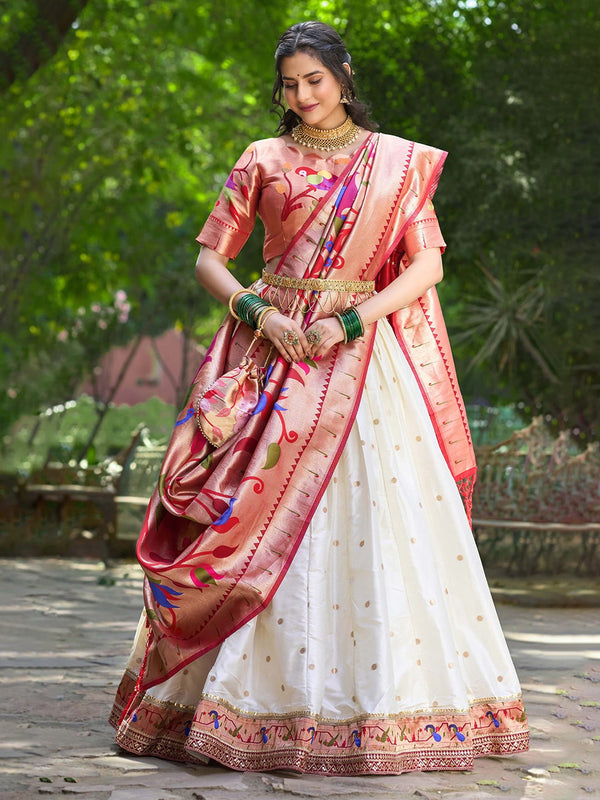 Lorenvalley White Jacquard Silk Paithani Weaving Zari Lehenga Choli with Dupatta - Distacart