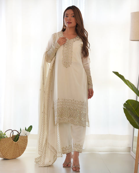Lorenvalley Chinon Silk Embroidery Sequence zari work Kurta Pant with Dupatta Set - White - Distacart