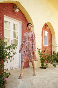 Thumbnail for Vaasva Women Pink Muslin Floral Printed Knee Length Dress - Distacart