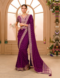 Thumbnail for Teeya Creation Wine Color Chinnon Silk Heavy Embroidery Work Saree