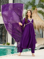 Thumbnail for The52 Beautiful Embroidered Vichitra Silk Fabric Pleated Kurta, Pant and Dupatta Set