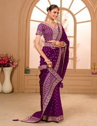 Thumbnail for Teeya Creation Wine Color Chinnon Silk Heavy Embroidery Work Saree