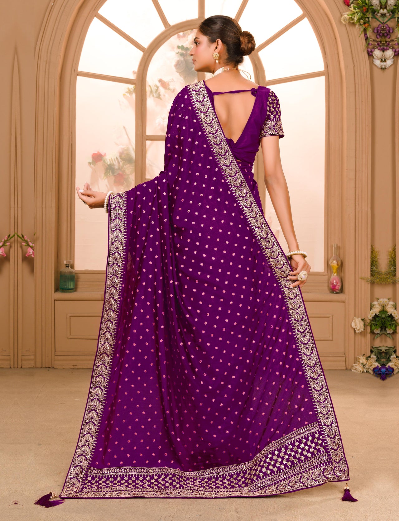 Teeya Creation Wine Color Chinnon Silk Heavy Embroidery Work Saree