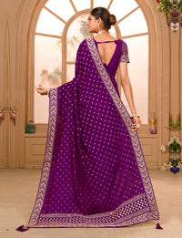 Thumbnail for Teeya Creation Wine Color Chinnon Silk Heavy Embroidery Work Saree