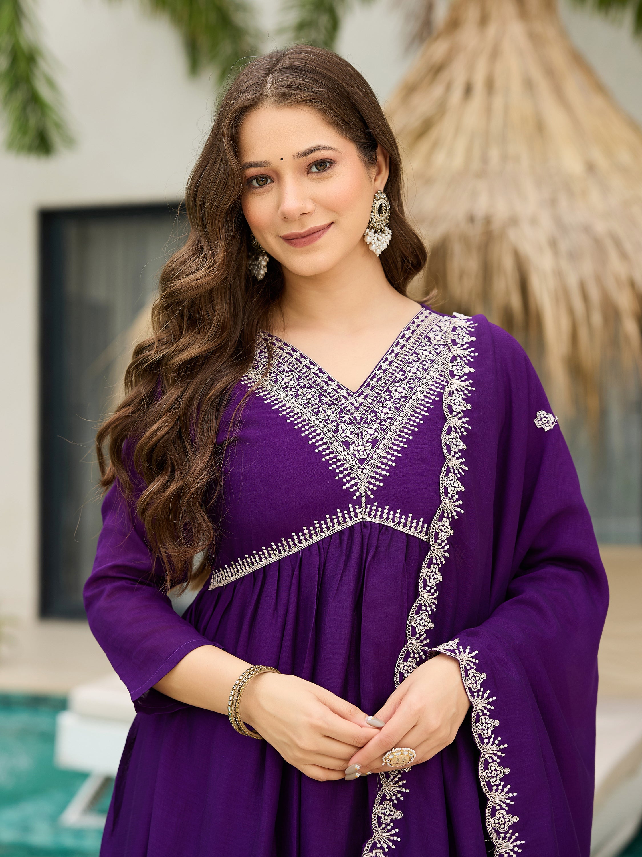 The52 Beautiful Embroidered Vichitra Silk Fabric Pleated Kurta, Pant and Dupatta Set