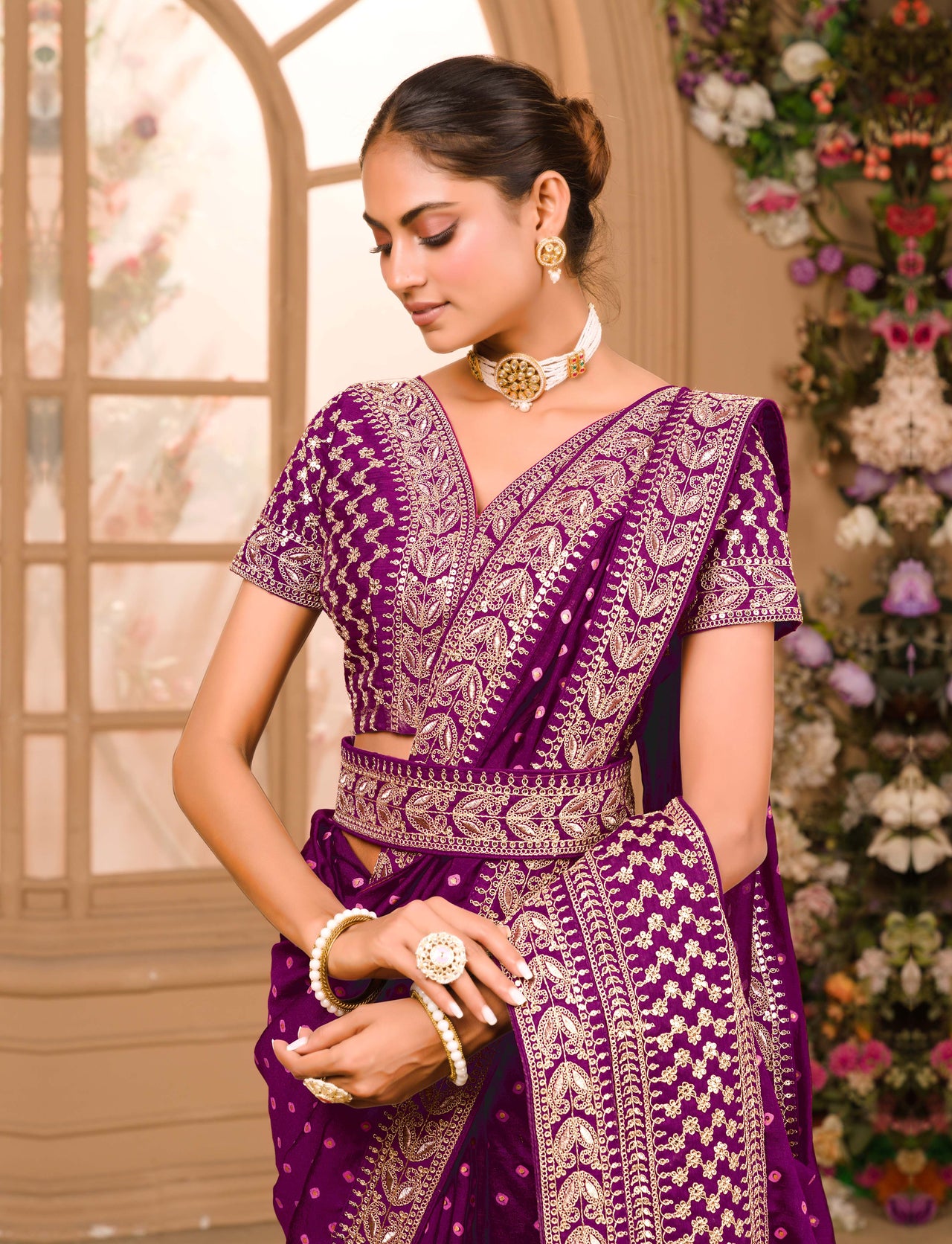 Teeya Creation Wine Color Chinnon Silk Heavy Embroidery Work Saree