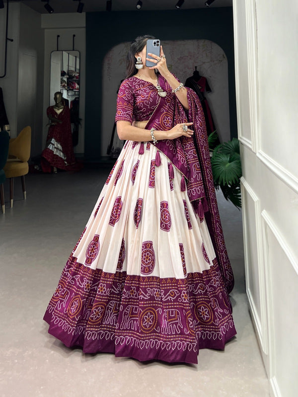 Lorenvalley Wine Tussar Silk with Bandhej Print Lehenga Choli - Distacart