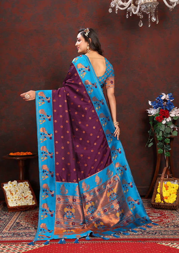 Lorenvalley Fashion Wine Soft Paithani Silk Woven Design Rich Zari Meenakari Weaving Saree - Distacart