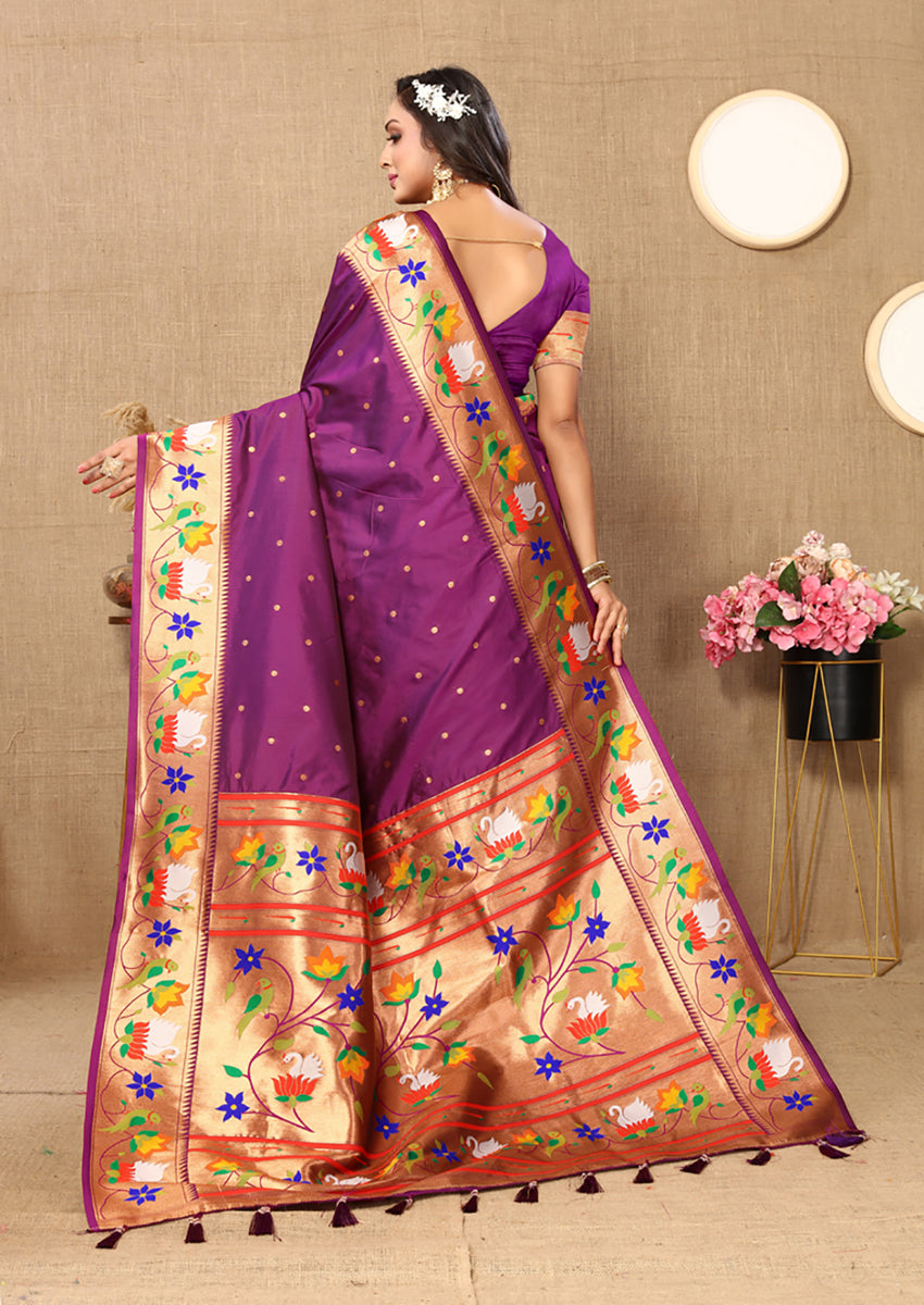 Lorenvalley Fashion Wine Soft Paithani Silk Woven Design Rich Zari Meenakari Weaving Saree