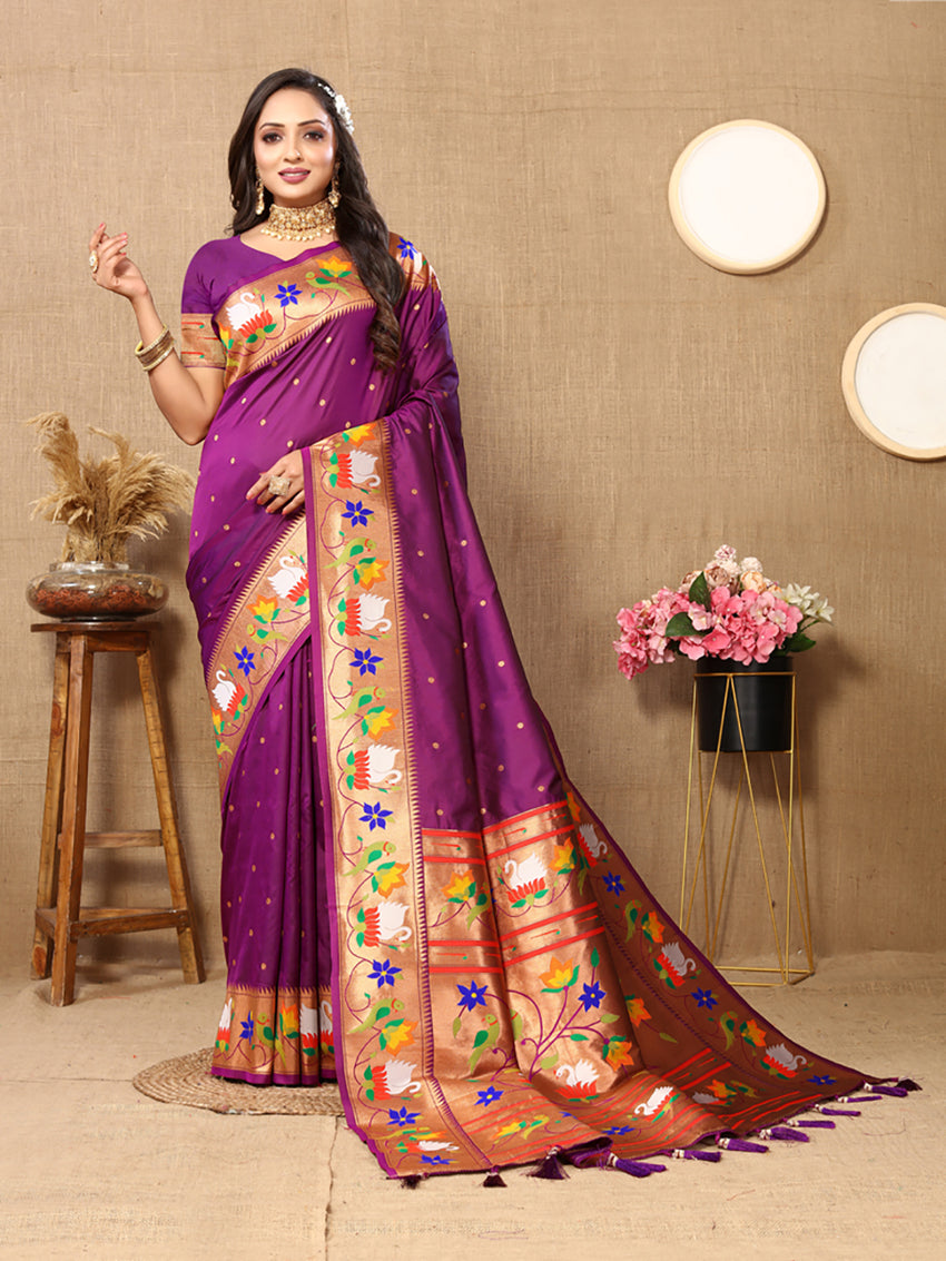 Lorenvalley Fashion Wine Soft Paithani Silk Woven Design Rich Zari Meenakari Weaving Saree