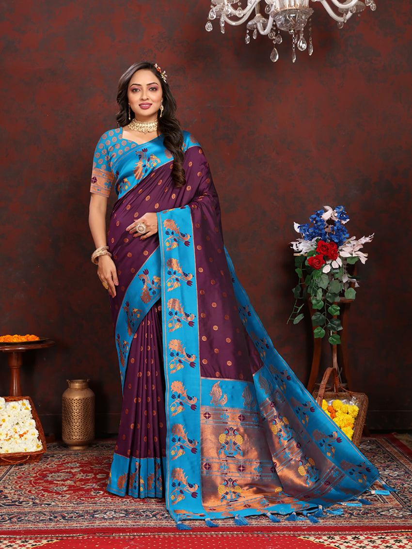 Lorenvalley Fashion Wine Soft Paithani Silk Woven Design Rich Zari Meenakari Weaving Saree - Distacart