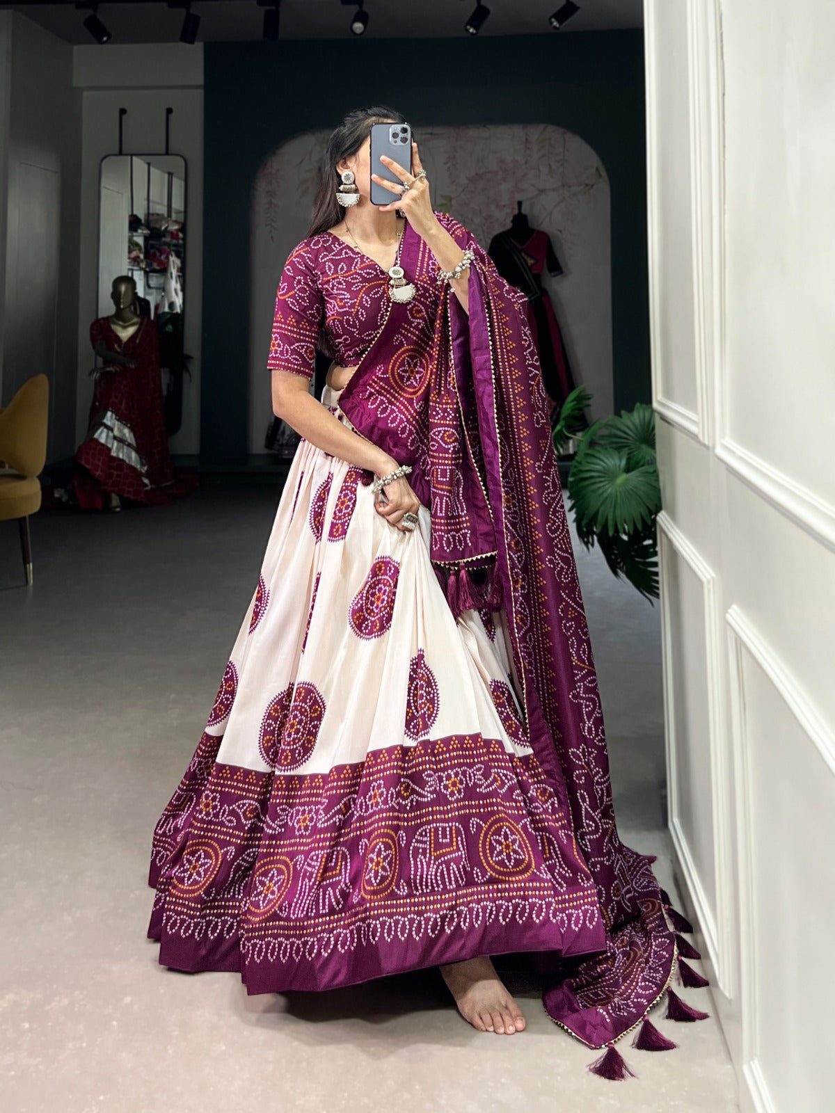 Lorenvalley Wine Tussar Silk with Bandhej Print Lehenga Choli - Distacart