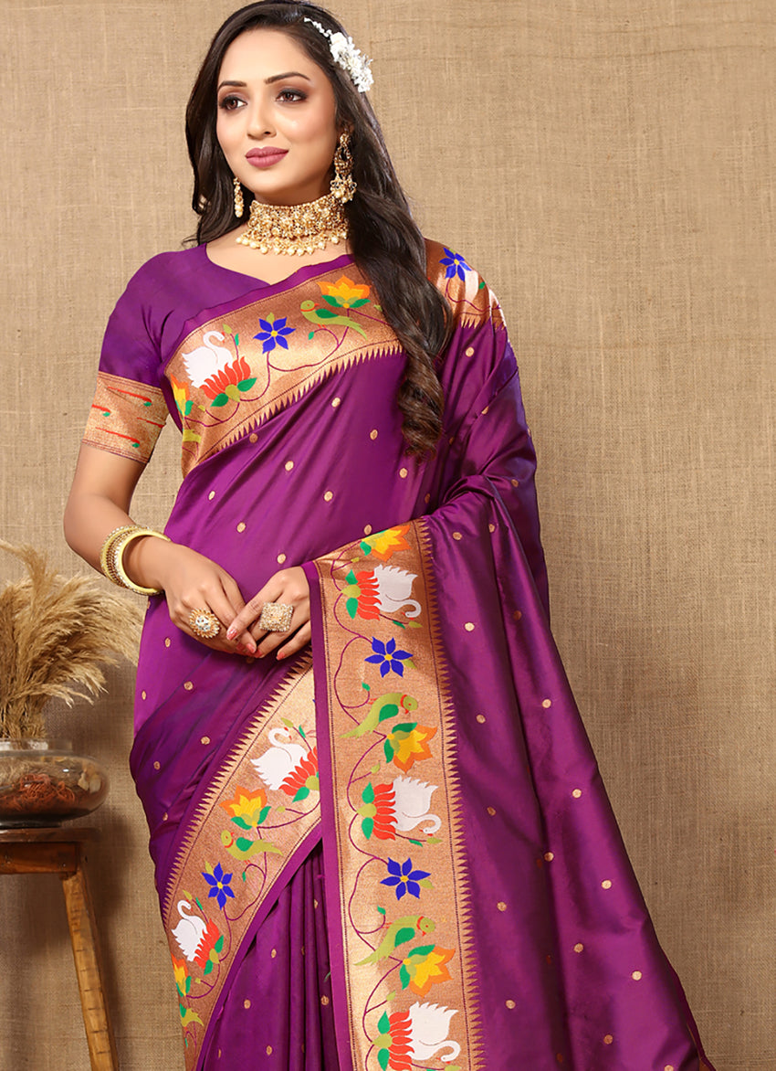 Lorenvalley Fashion Wine Soft Paithani Silk Woven Design Rich Zari Meenakari Weaving Saree