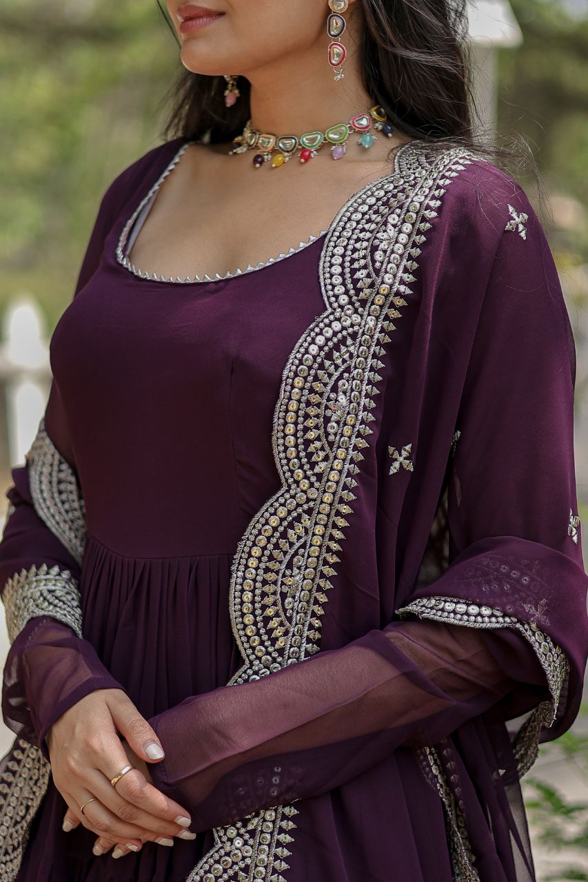 Evanik Wine Faux Blooming Gown With Dupatta With Rich Sequins Embroidered work
