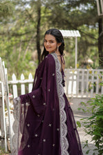 Thumbnail for Evanik Wine Faux Blooming Gown With Dupatta With Rich Sequins Embroidered work