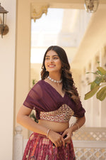 Thumbnail for Lorenvalley Wine Russian Silk Rich Digital Printed With Foil Embroidery work Lehenga Choli - Distacart
