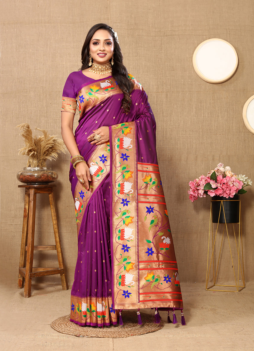 Lorenvalley Fashion Wine Soft Paithani Silk Woven Design Rich Zari Meenakari Weaving Saree