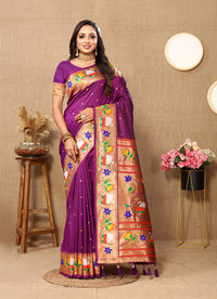 Thumbnail for Lorenvalley Fashion Wine Soft Paithani Silk Woven Design Rich Zari Meenakari Weaving Saree