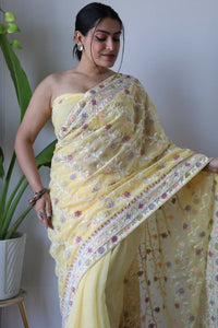 Thumbnail for Aastha Fashion Yellow Heavy Soft Organza Beautiful multicolor thread chain embroidery work with diamond work Saree