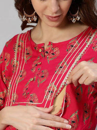 Thumbnail for Anubhutee Fuchsia Pink Ethnic Motifs Maternity A-Line Midi Dress - Distacart