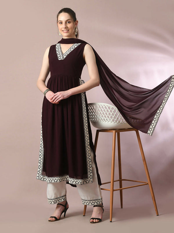Myshka Women's Coffee Brown Solid Georgette Anarkali Party Kurta Set With Dupatta - Distacart