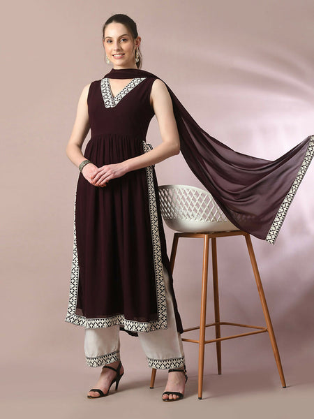 Myshka Women's Coffee Brown Solid Georgette Anarkali Party Kurta Set With Dupatta - Distacart
