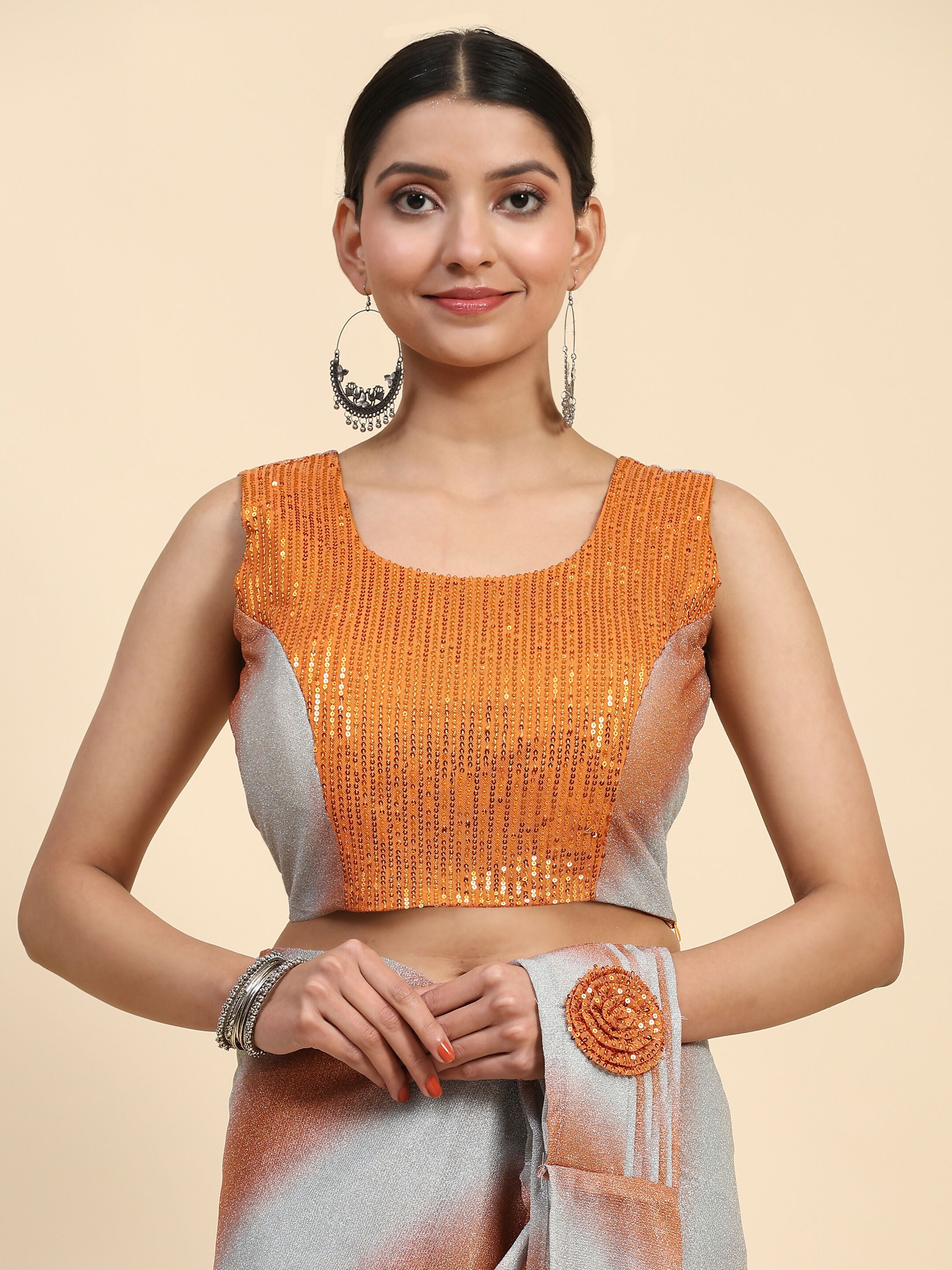 Orange Polyester Solid Ready to Wear Saree with stitched Blouse - Aayan - Distacart