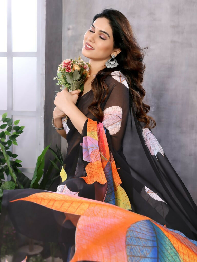 Partywear Designer Black Georgette Fancy Saree - Satrangi - Distacart