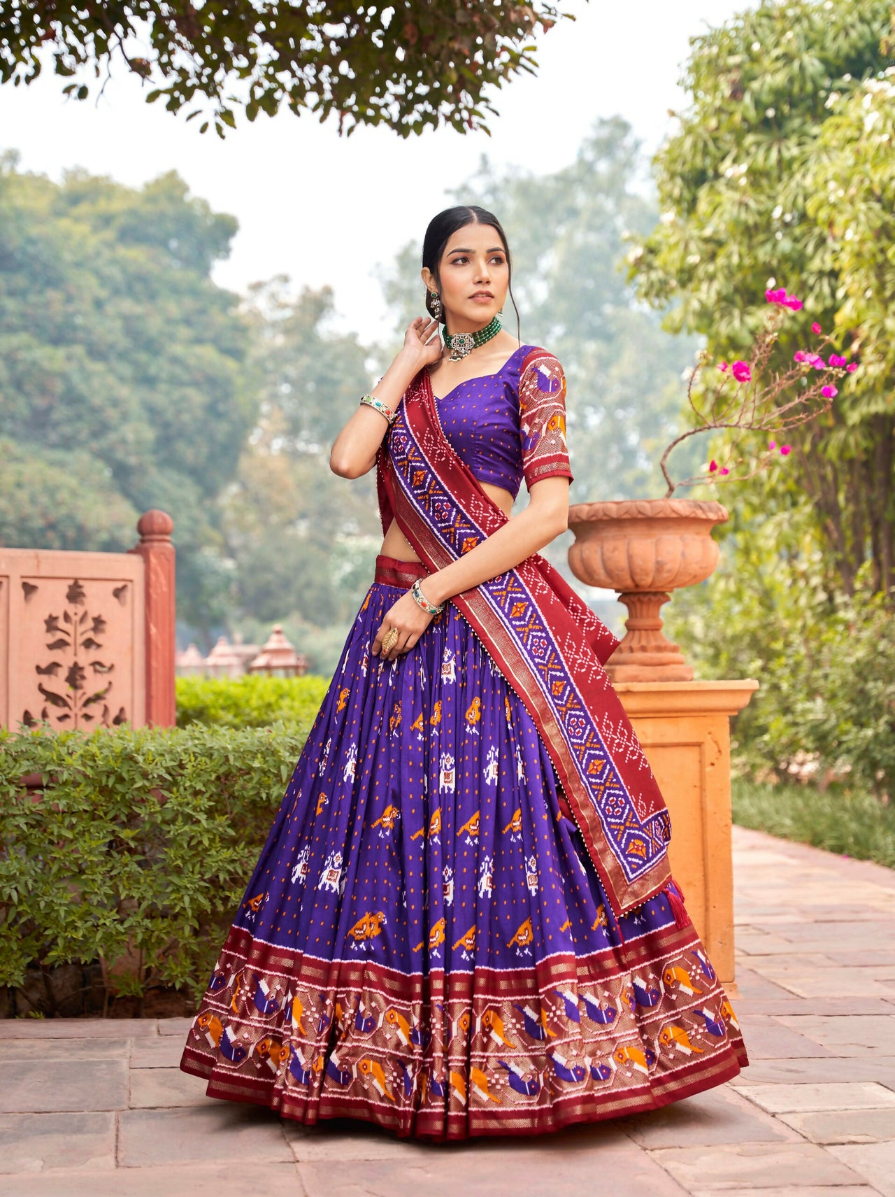 Vastranavya Patola Printed and Foil Work Tussar Silk Lehenga with Unstitched Blouse - Purple