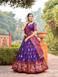 Thumbnail for Vastranavya Patola Printed and Foil Work Tussar Silk Lehenga with Unstitched Blouse - Purple