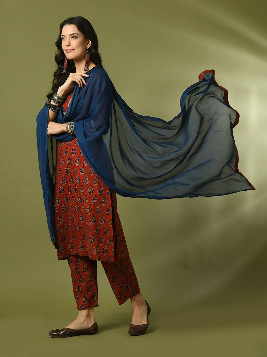 Myshka Women's Rust Printed Cotton Straight Party Kurta Set With Dupatta - Distacart
