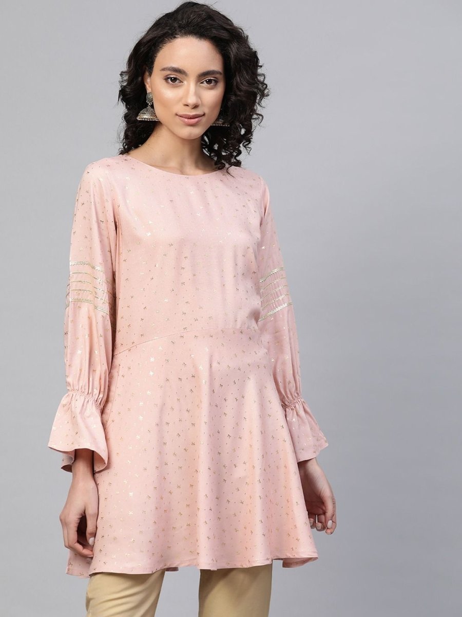 Ahalyaa Women Pink Rayon Golden Ethnic Print Tunic