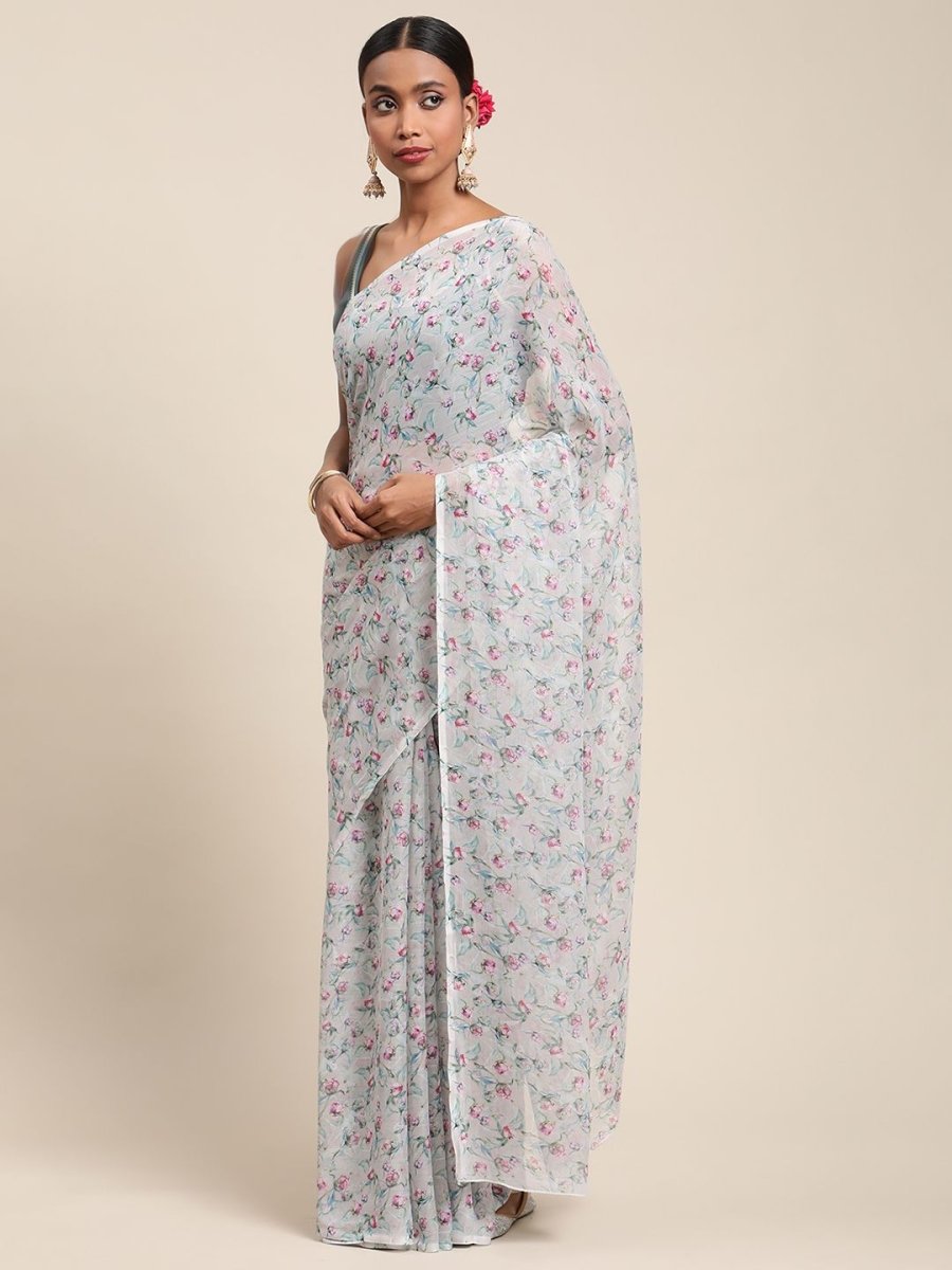 Ahalyaa Women's Grey Chiffon Digital Print Floral Saree - Distacart