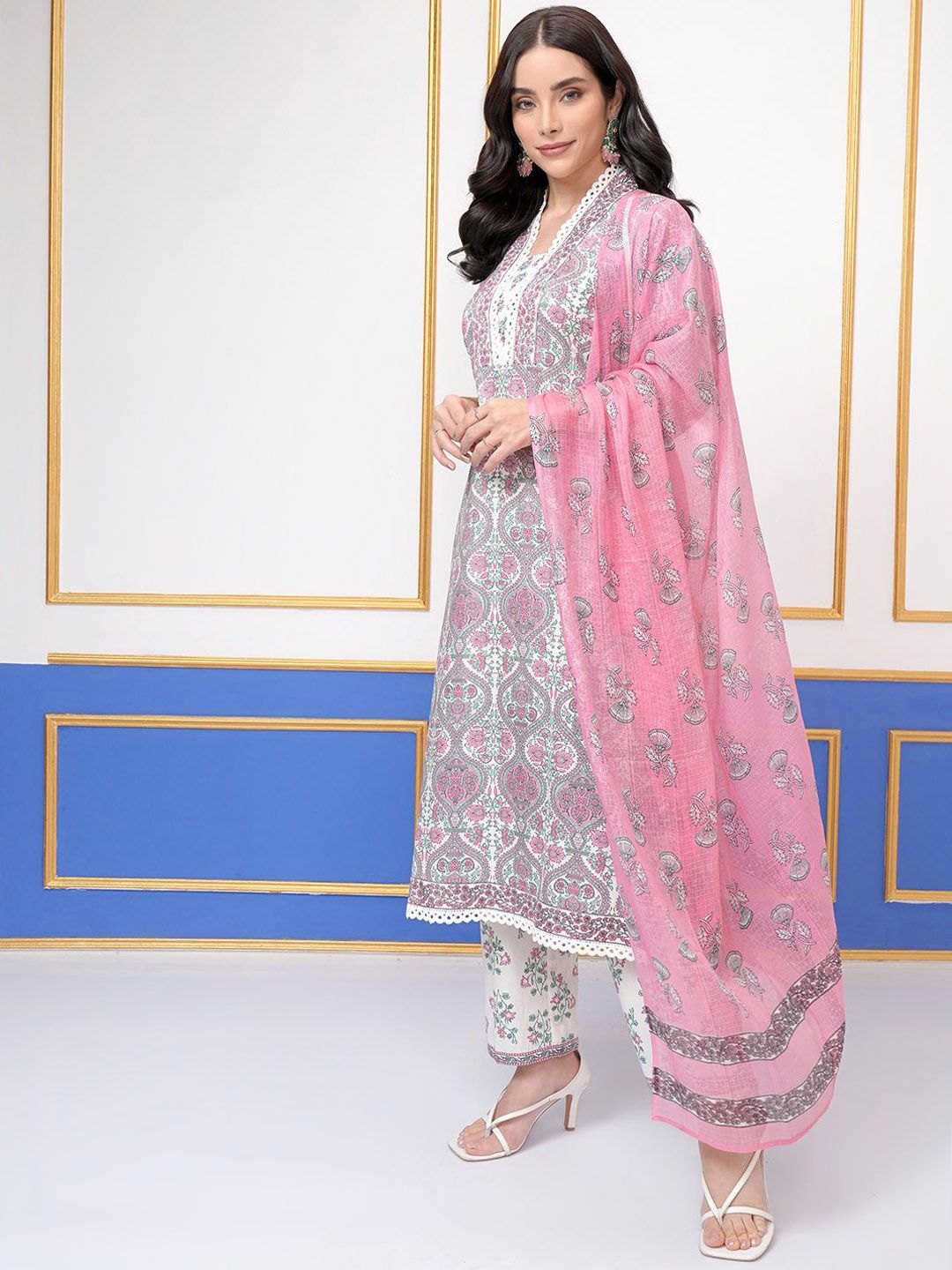 Vishudh Floral Printed V-Neck Pure Cotton Straight Kurta With Trouser With Dupatta - Distacart