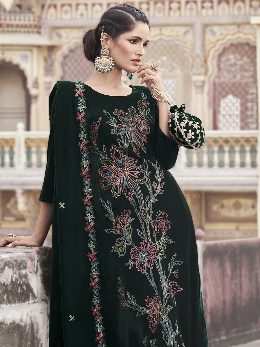 Aastha Fashion Women's Green Velvet Resham Thread with Jari & Sequin Kurta with Trouser & Dupatta - Distacart