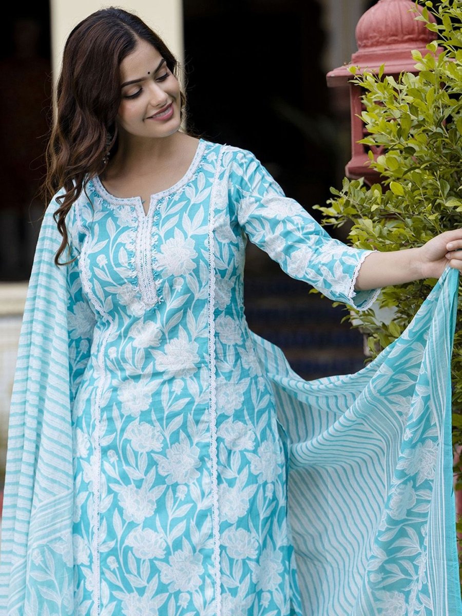 Anouk Floral Embroidered Regular Pure Cotton Straight Kurta with Pyjamas & Dupatta