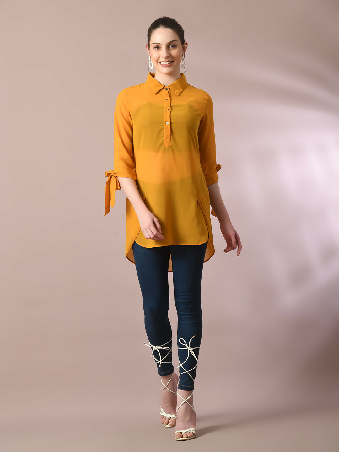 Myshka Women's Yellow Solid Georgette Longline Party Sheer Tunic - Distacart